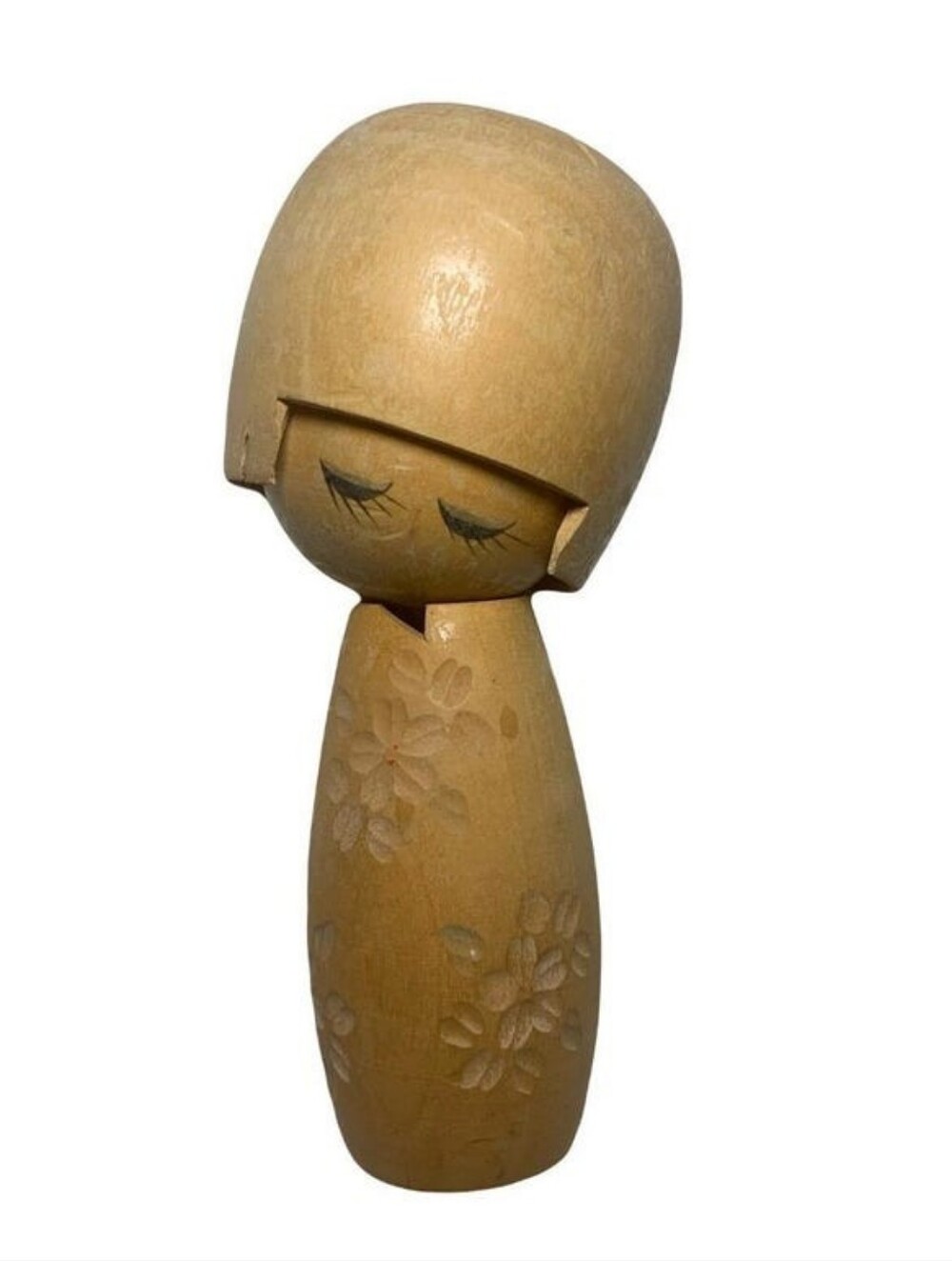 Handcrafted Wooden Kokeshi Doll Sculpture in Natural Wood Tone